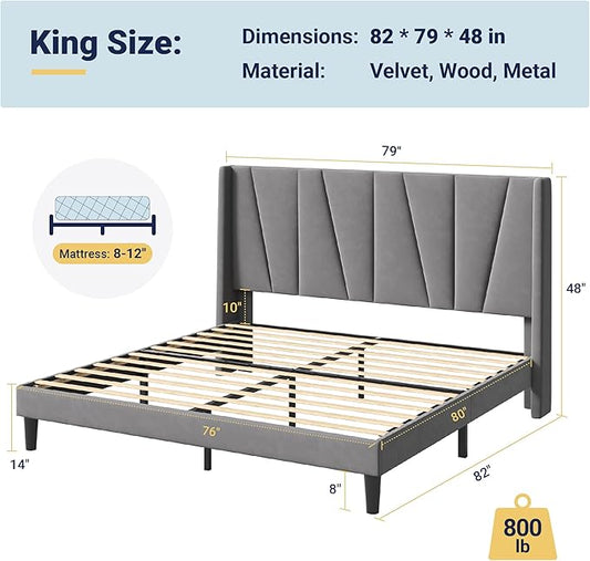 Allewie King Size Platform Velvet Bed Frame with Geometric Wingback Headboard, Boho Upholstered Bed with Wooden Slats Support, No Box Spring Needed, Easy Assembly, Light Grey