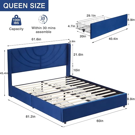 VECELO Queen Bed Frame Upholstered Platform with 4 Drawers&Fabric Headboard,Wooden Slats Support/No Box Spring Needed/Mattress Foundation,Dark Blue