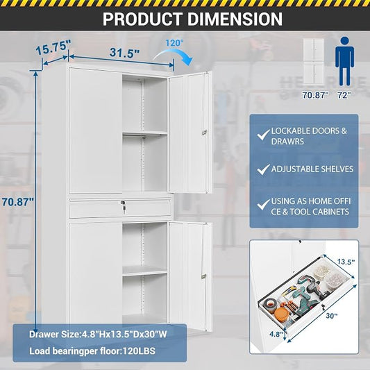 Fesbos 71" Metal Cabinet-White Heavy Duty Storage File Cabinet Steel Tool Cabinets with Shelves, Lockable Doors and Drawers- for Garage, Pantry, Warehouse - Assembly Required