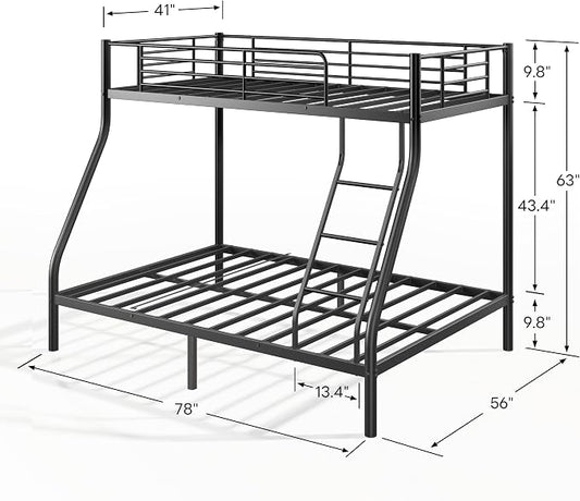 EMKK Twin Over Full Bunk Bed for Adults, Metal Bunk Beds Twin Over Full Size for Teens Dorm Bedroom Guest Room,Heavy Duty Bunk Beds with Ladder and Safety Full Length Guardrail (Black H)