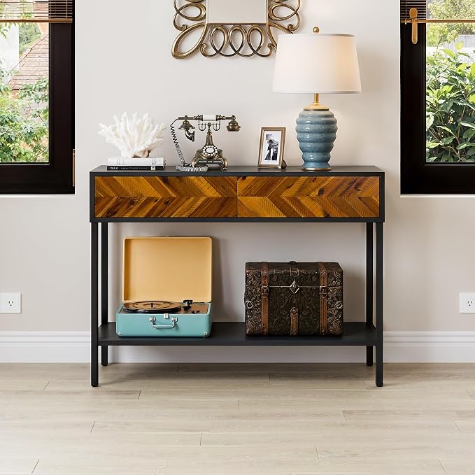 Bme Vivian Console Table with 2 Drawers, Solid Acacia Wood Entryway Table, Rustic Golden Brown Mid Century Modern Sofa Table with Storage, Solid Wood Hallway Table for Living Room or Foyer
