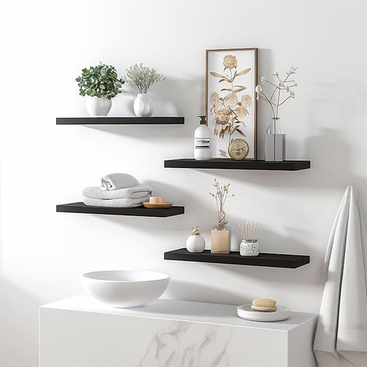 YYWUOJJ Wood Floating Shelves for Wall Decor, Rustic Wall Shelves for Bedroom Bathroom Kitchen Living Room, Set of 6 Black