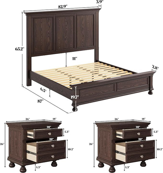 AMERLIFE Solid Wood 3 Piece Bedroom Set Including 65.2" High King Bed Frame, Fully Assembled Nightstands Set of 2 with 2 Storage Drawers for Bedroom, Dark Brown