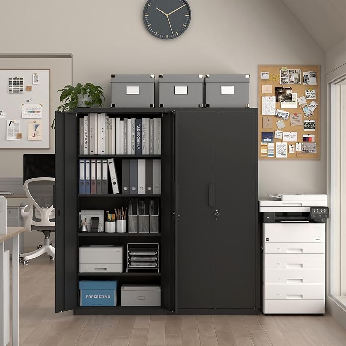 71" H Locking Cabinets, 16.5'' Deep Metal Garage Storage Cabinet with Doors and Shelves, Balck Cabinets for Garage, Kitchen, Office
