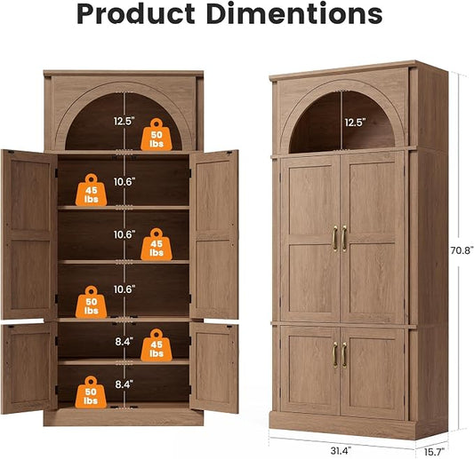 71'' Tall Kitchen Pantry Storage Cabinet, Food Pantry Wood Cabinet with Adjustable Shelves, Freestanding Versatile Kitchen Pantry Cupboard for Kitchen, Dining Room, Living Room, Brown