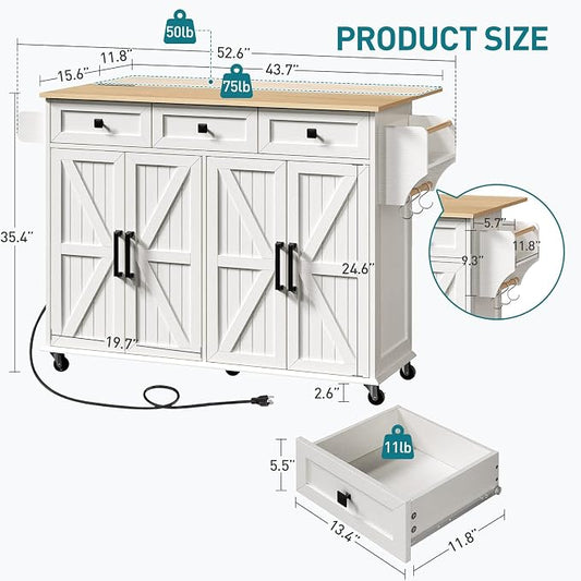 RALGEND Kitchen Island with Drop Leaf & Power Outlet, Rolling Kitchen Island Cart On Wheels, Barn Door Kitchen Island Table with Storage and Tower Rack, Island Table for Kitchen, White and Natural