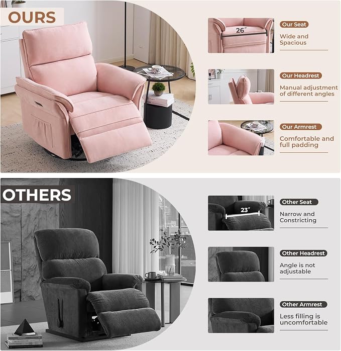Oversized Power Recliner Chair Swivel Glider with Massage and Heat, Rocker Nursery Recliner for Adults with Adjustable Headrest, 26" Extra Wide Nursery Chair with Overstuffed Armrest,Pink