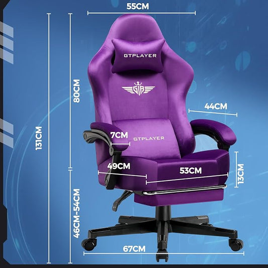 GTPLAYER Gaming Chair Fabric with Pocket Spring Cushion, High Back Ergonomic Computer Chair with Footrest for Adults Lumbar Support Swivel Game Chair for Office Gaming 350LBS, Dark Purple
