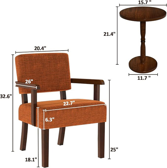 FAGAGA Accent Chair Set of 2 with Table, Upholstered Living Room Chairs with Wood Frame, Modern Oversized Reading Armchair for Bedroom Waiting Room (Orange)