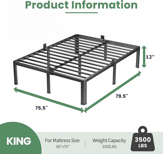 NKZ 12 Inch King Bed Frame, Sturdy Metal Platform with Round Corner Legs, 3,500 lbs Heavy Duty Steel Slat Support, Easy Assembly, Noise Free, No Box Spring Needed