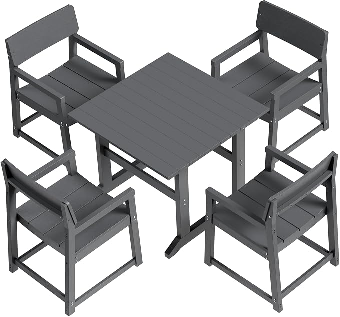 Shintenchi 5 Pieces Outdoor Dining Set,HDPE Outdoor Table and Chairs Set for 4,All Weather Patio Furniture Sets,Modern Wooden Textured Dining Sets for Backyard,Garden,Dark Grey
