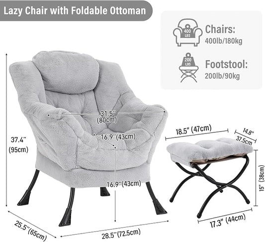 Furlide Lazy Chair with Ottoman, Modern Accent Chair with Armrests and a Side Pocket, Plush Grey Accent Chairs, Reading Chairs, Oversized Armchairs for Bedroom, Study, Living Room, Courtyard