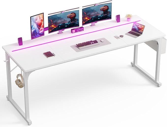 DurayLoly 71" Computer Desk LED Lights, Large Office Desk for 3 Monitors or 2 laptops,Long Desk with Storage Bag&Headphone Hook for Study Writing Work Gaming Desk,Sturdy Metal Frame,Bedroom,White