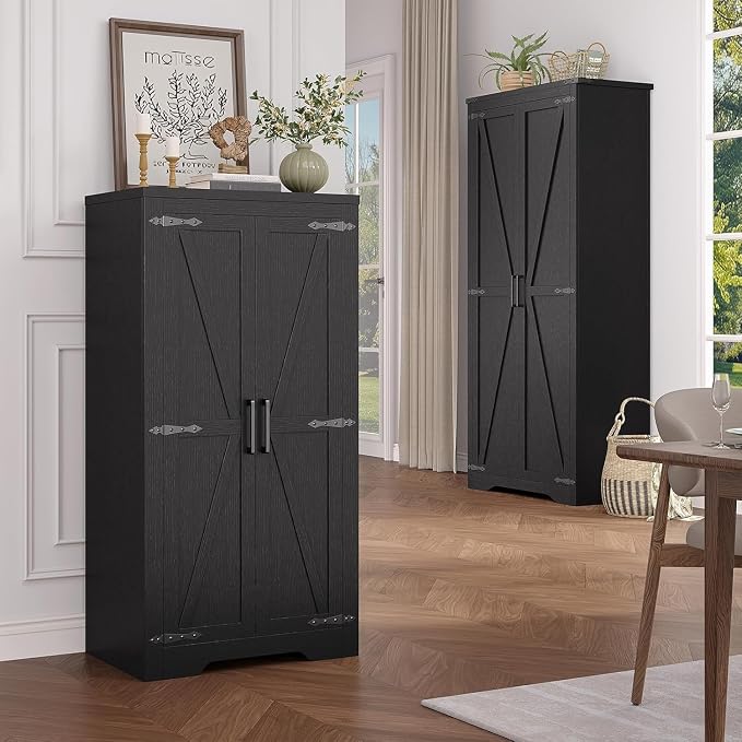 Befrases 47" Kitchen Pantry Cabinet, Farmhouse Kitchen Pantry Storage Cabinets with 2 Door and 2 Adjustable Shelves, Freestanding Cupboard for Dining Room, Living Room, Bathroom (Black)