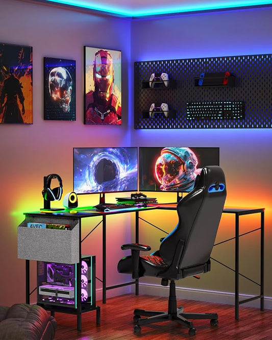 L Shaped Desk - 50" Reversible Home Office Computer Desk, Wood Top, Metal Frame, Side Bag, Sturdy Gaming Desk Corner Table for Work, Writing and Study, Space-Saving