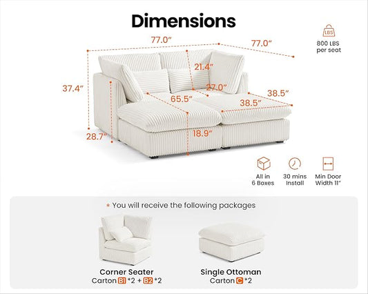 77" Oversized Corduroy Couch Modular Sectional Sofa, Washable Cloud Couch Sectional with 2 Ottoman, 4 Seater Sectional Couches for Living Room, Fully Cover Removable, Chaise Lounge, Corduroy, White
