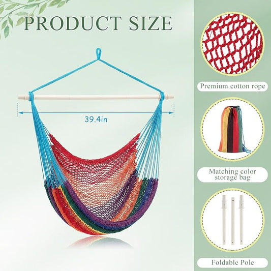 Barydat 2 Pcs Hanging Hammock Chair Boho Swing Chair Outdoor Indoor Comfy Soft Cotton Rope Weaving with 40 Inch Detachable Metal Bars for Backyard Living Room Garden, 270lb Capacity (Rainbow Color)