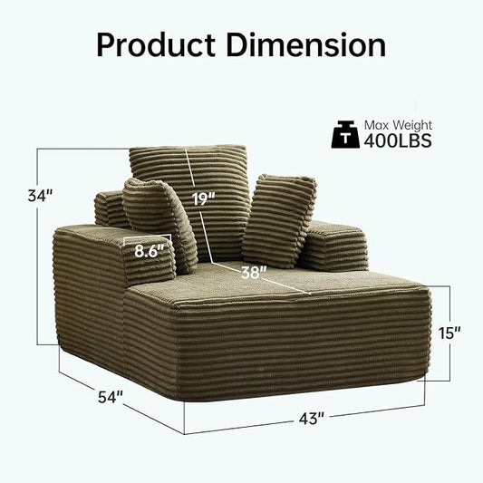 Boneless Chaise Lounge Chair, 54" Oversized Cloud Couch Sofa with Deep Seat, Plush Corduroy Reading Chair for Living Room, Bedroom, Reading Nook, Apartment, Gaming Room & Movie Nights, Green