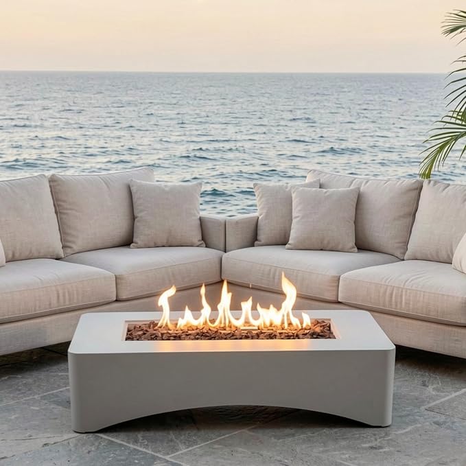 56" Propane Fire Pit Table, 50,000 BTU Rectangular Outdoor Gas Fire Pit, Concrete Patio Fire Table with Tank Seat, Lava Rocks & Waterproof Cover for Backyard Deck, Light Grey