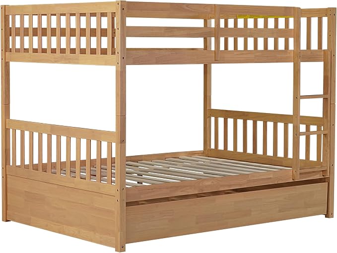 Bellemave Full Over Full Bunk Bed with Trundle,Convertible Bunk Beds with Ladder & Safety Guardrails,Full Size Trundle Bunk Beds for Kids Girls Boys,Natural