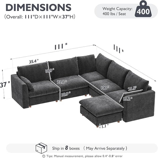 Ihanherry 111" Oversized Modular Sectional Sofa, Modern V Shaped Cloud Couch with Storage Ottoman, 6-Seat Comfy Chenille Deep Seat Sofa with 2 Pillows for Living Room, Grey
