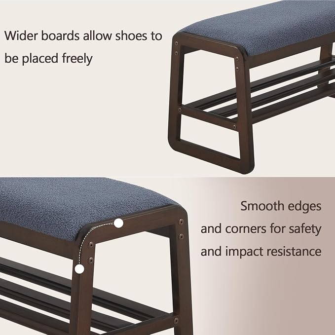Achicsofar Shoe Rack Bench,2 Tier Solid Wooden Entryway Bench with Shoe Storage, Shoe Rack with Cushion for Living Room, Hallway(Grayish Blue, 31.5")