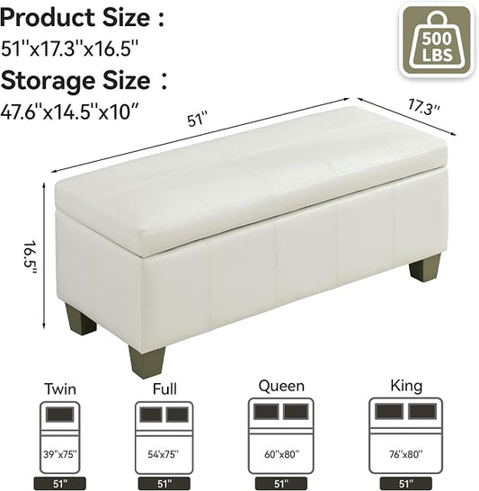 WUTUTUEE 51" Faux Leather Storage Ottoman, Stitch Tufted Rectangle Upholstered End of Bed Storage Bench, Entryway Large Couch Ottoman with Wooden Legs,White