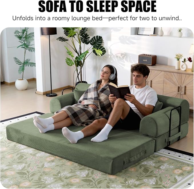 78.8" Boneless Memory Foam Couch, Corduroy Convertible Floor Sofa Bed, Fold-Out Sleeper Futon Loveseat, Wide Armrests & Supportive Back, 1200 lb, Couch in a Box, 2 Pillows, Light Green