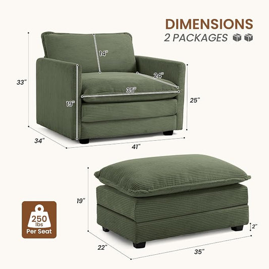 ROWHY Single Armchair with Ottoman, Modern Corduroy Cloud Couch with Convertible Chaise, Upholstered Sofa Set for Living Room, Green
