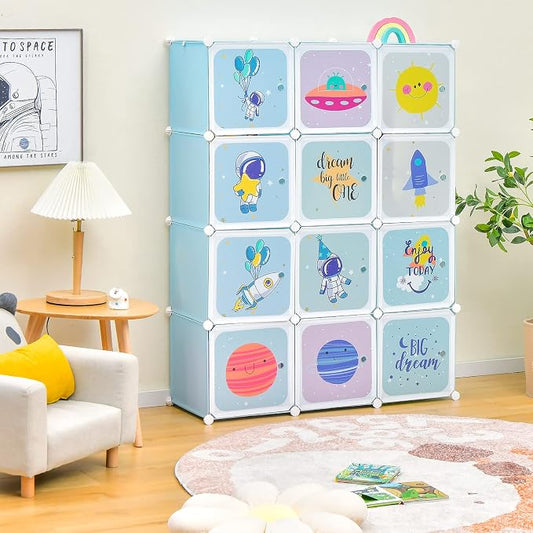 INFANS Children Wardrobe, Kid Closet Portable Baby Dresser Cute for Kids Bedroom Nursery Armoire with Doors 12 Cube 2 Hanging Sections, Kid Clothes Storage Organizer (Blue, 12 Cubes)