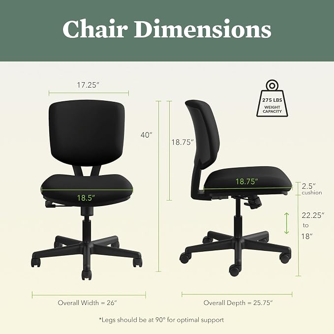 HON Volt Ergonomic Office Chair with Fabric Seat and Back, Armless Desk and Computer Chair with Adjustable Center‑Tilt Recline and Wheels for Home Office or Workstation, Black