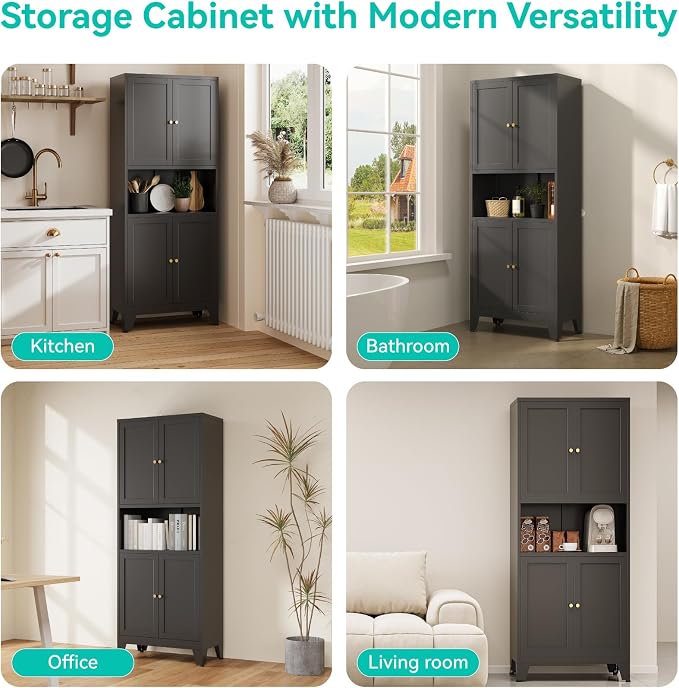 69" Tall Pantry Cabinet with Open Shelf,13.78“Deep By 28" Wide Storage Cabinet with Doors and Adjustable Shelves,Microwave Stand,for Kitchen Dining Room Bathroom,Black,1Pc