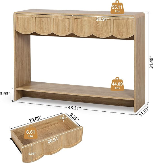 ORRD Console Table with Drawers, Mid-Century 43 Inches Narrow Entryway Table with Open Storage Shelves, Hallway Accent Tables Behind Couch Tables for Living Room - Natural