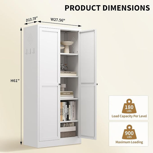 Kitchen Pantry Cabinet, 61" H Storage Cabinet with Doors and Adjustable Shelves, Spacious Cupboard with 2 Handles, Metal Kitchen Cabinet for Dining Room, Living Room, White