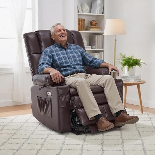 MCombo Dual Motor Power Lift Recliner Chair for Elderly, Lay Flat Lift Chair with Heat and Massage, Cup Holders, USB Ports, Faux Leather 7890 (Dark Brown, Medium)
