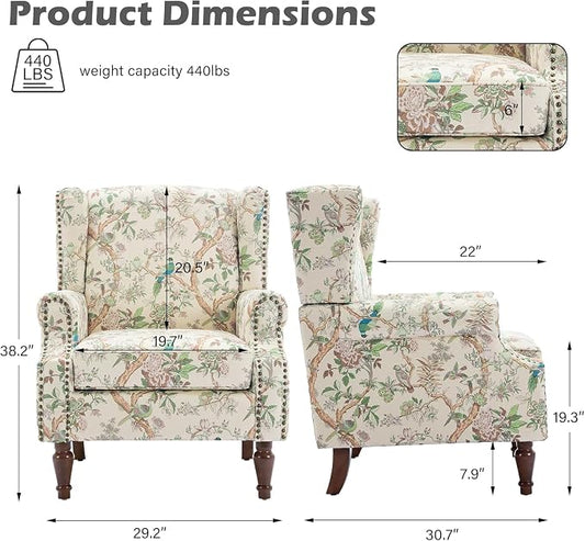 High Back Accent Chairs Set of 2, Fabric Upholstered Armchair Floral Wingback Chair for Living Room, Comfy Single Sofa Solid Wood Legs Bedroom Reading Seat - Pattern Bird
