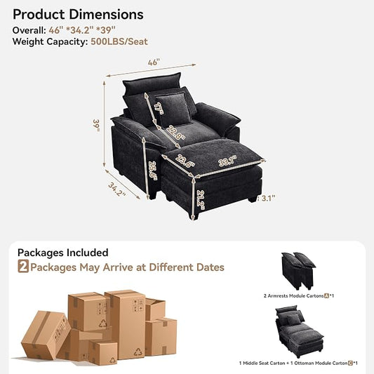 46''Cloud Sofa Chair with Detachable Headrest, Oversized Upholstered Arm Accent Chair with Ottoman, Modern Chenille Reading Lounge Comfy Armchair for Living Room,Bedroom, Dark Grey