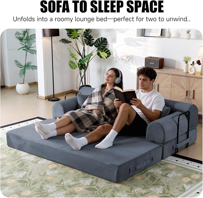 78.8" Boneless Memory Foam Couch, Corduroy Convertible Floor Sofa Bed, Fold-Out Sleeper Futon Loveseat, Wide Armrests & Supportive Back, 1200 lb, Couch in a Box, 2 Pillows, Dark Grey