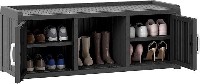 NUNU LAB Resin Shoe Cabinet,Waterproof Shoe Storage Cabinet with Adjustable Shelves,Entryway Storage Bench with Seat,Shoe Bench with Doors for Foyer,Hallway,Living Room (Black, 2-Door Big)