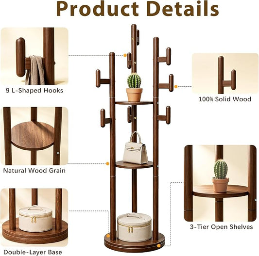 Rotary Coat Rack Freestanding - Solid Wood Coat Tree with 9 hooks & 3 Storage Shelves for Purse, Bag, Jacket, Hat, Corner Hanger Stand Racks for Hall, Entryway, Office, Modern Clothes Holder