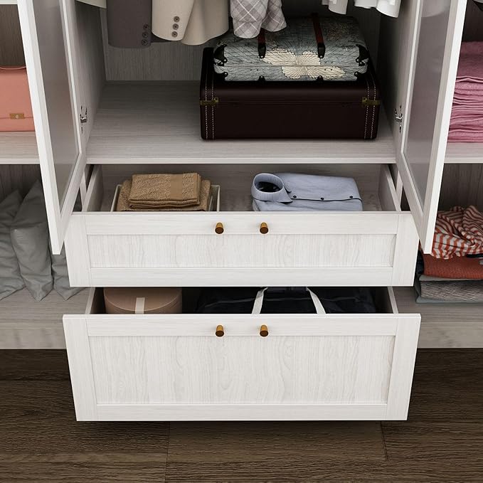 MOUMON Bedroom Armoires with Frosted Glass Doors and Hanging Rod, Wide Modern Wardrobe with Drawers, Large Armoire Wardrobe Closet, Wood Grain 63" W x 19.7" D x 70.9" H