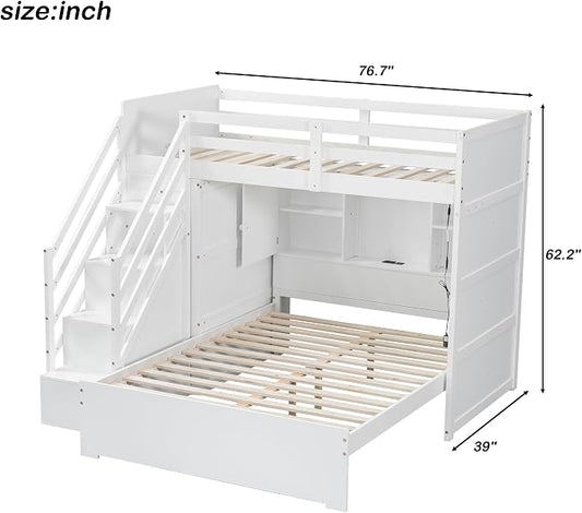 RUNNA Twin Over Full Bunk Bed with Storage Stairs,USB,Light,White | Twin over full bunk bed with storage stairs, USB charging station, light, solid wood, guardrails, no box spring needed, white