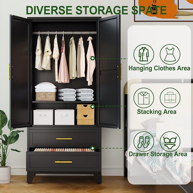 winiowa Metal Armoire Wardrobe Closet with 2 Drawers, 71" Wardrobe Cabinet with Adjustable Shelves and Hanging Rod, Clothing Storage Cabinet Closet for Bedroom-Black