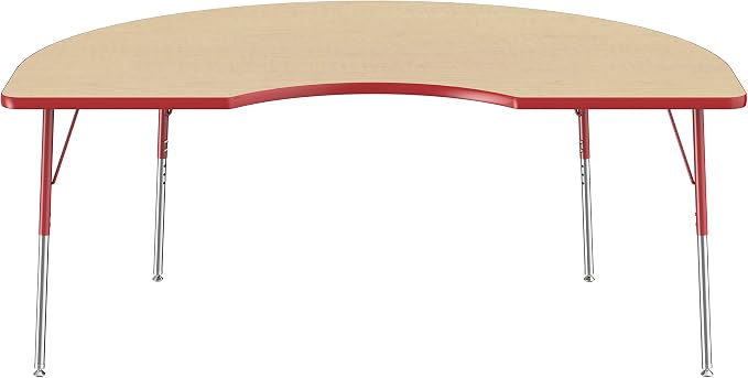 FDP Kidney Activity School and Office Table (48 x 72 inch), Standard Legs with Swivel Glides for Collaborative Seating Environments, Adjustable Height 19-30 inches - Maple Top and Red Edge