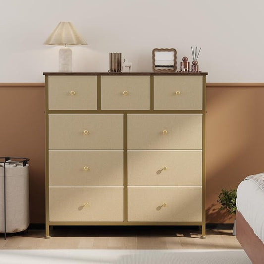OLIXIS 9 Drawer Storage Dresser with Wood Top - Wide Fabric Chest Organizer for Bedroom, Closet, Living Room,Tower Cabinet, TV Stand, Hallway Entryway Furniture,Khaki