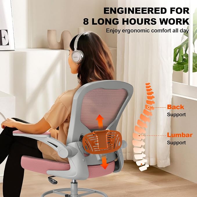 Synorla Ergonomic Drafting Chair, Tall Mesh Office Chair with Flip-up Armrests, Lumbar Support & Adjustable Footrest Ring for Standing Desk Gray Pink