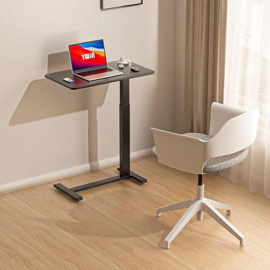 Ywin Medical Hospital Overbed Table with Wheels, Pneumatic Lift, Black | Rolling Bedside Table, Adjustable Height 27–43Inch, Mobile Portable Laptop Desk Perfect for Home Use, Patient Care, Office