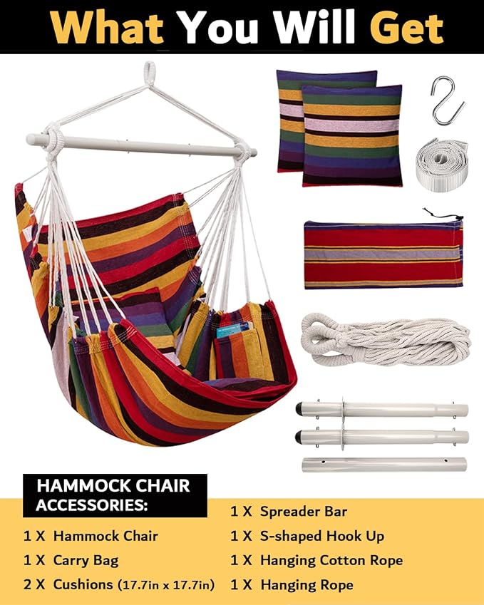 MIZTLI Hammock Chair Hanging Chair Swing Chair Hanging Chair for Bedroom Indoor Outdoor- Max 500 Lbs-Steel Spreader Bar with Anti-Slip Rings, 2 Cushions