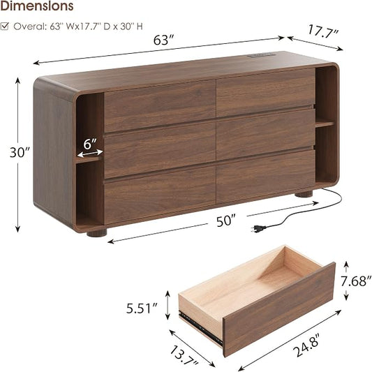 Whalefall 63 Inch 6 Drawer Dresser with Shelves, Rounded Corner, Walnut | Large Chest of Drawers for Bedroom, Mid Century Modern, Wood Closet Storage Organizer, Wide TV Stand for Living Room