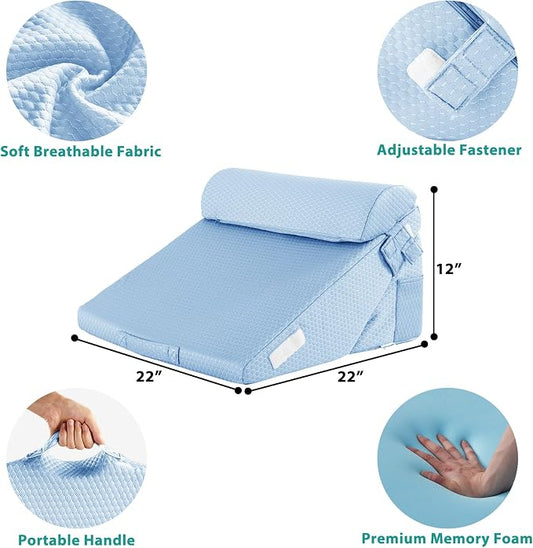 3Pcs Orthopedic Bed Wedge Pillow Set, Foam Wedge Pillow Post Surgery for Back, Leg and Knee Support, Adjustable 9&12 Inch Folding Triangle Pillow for Sleeping, Acid Reflux, Snoring, Light Blue